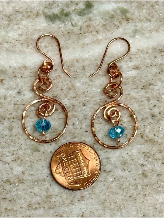 Artisan Copper Hoop Drop Earrings with Blue Topaz Crystal Accent - Picture 2 of 3